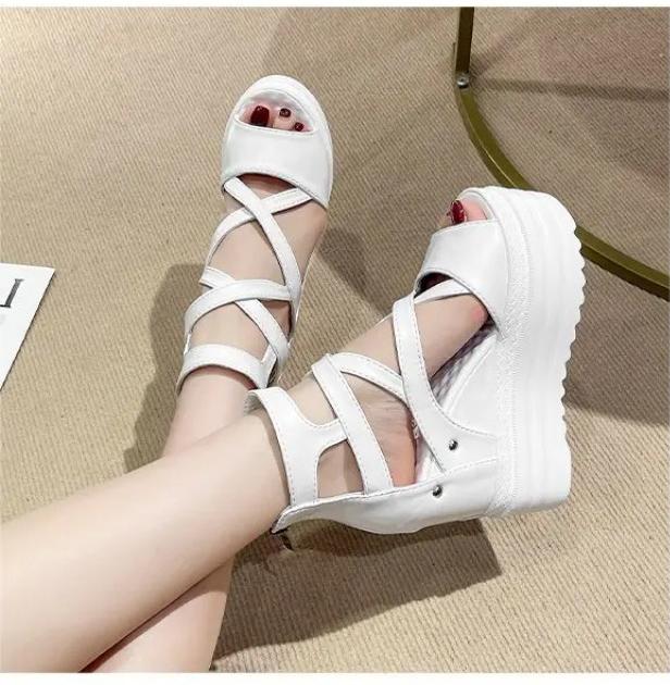 Keilabsatz Sandalen Dicke Sohle Mode Höhensteigerung Kreuzriemen Fischmaul Damenschuhe Freizeit Sandalen