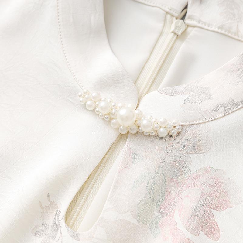 Women's Summer Pearl Frog Button Qipao Dress - New Chinese Style Print with Stand Collar