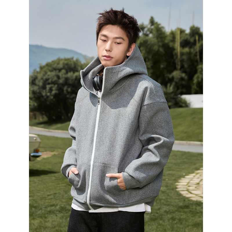 Wassup American Retro Heavyweight Hooded Sweatshirt Autumn Air Layer Casual Stand Collar Woolen Jacket for Men