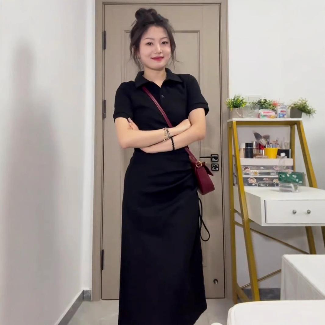 French Hepburn style small black dress polo dress children s summer new Korean college style black long dress S чёрный