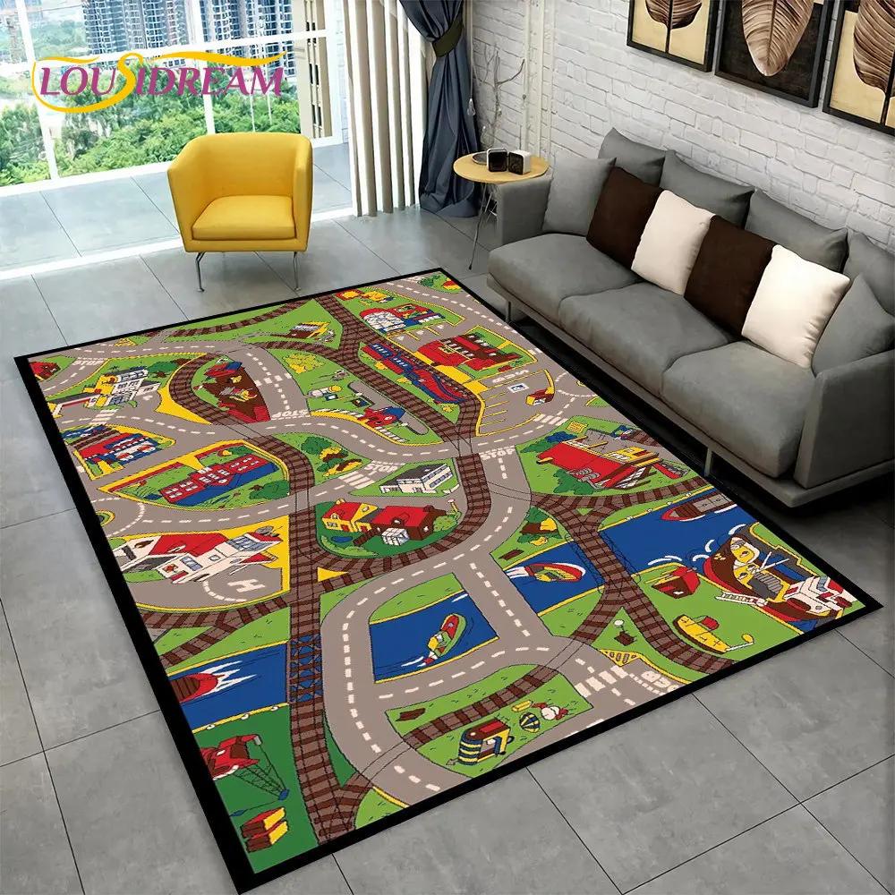 Highway City Traffic Cartoon Area Rug,Carpet Rug for Living Room Playroom Children's Bedroom Decor,Kid Game Non-slip Floor Mat