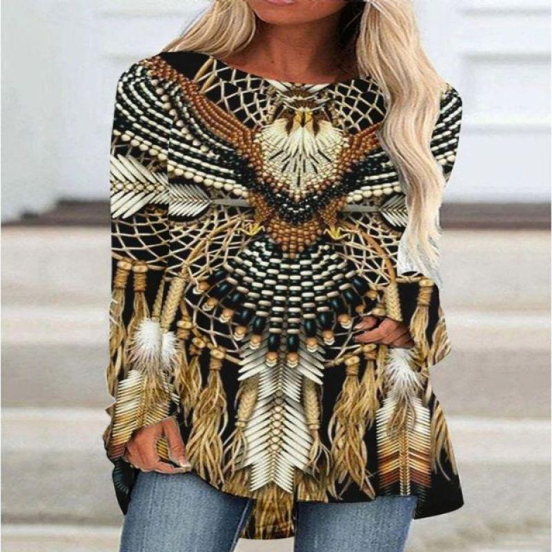 New 3D Ethnic Tribal Style Printed Round Neck Women's T-shirt Long-sleeved Bottoming Shirt Casual Loose Top Breathable Pullover