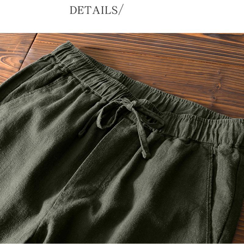 Summer Simple Style Men's Pants Beach Breathable Ramie Cotton Men Trousers Daily Casual Baggy Long Pants Solid Color Drawstring Elastic Waist