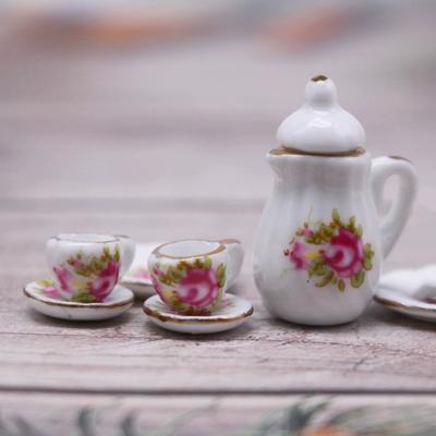 Mini Tableware Tea Cup Set Teapot Plates Porcelain Miniature Dollhouse Accessories Miniatures Stuff Realistic DIY Decor Ornament for Kitchen Party