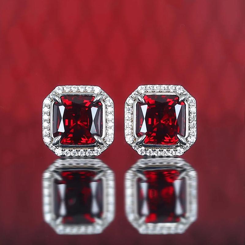 Square Shaped Red Cubic Zirconia Stud Earrings Women Silver Color Temperament Accessories Fancy Gift for Wedding Jewelry