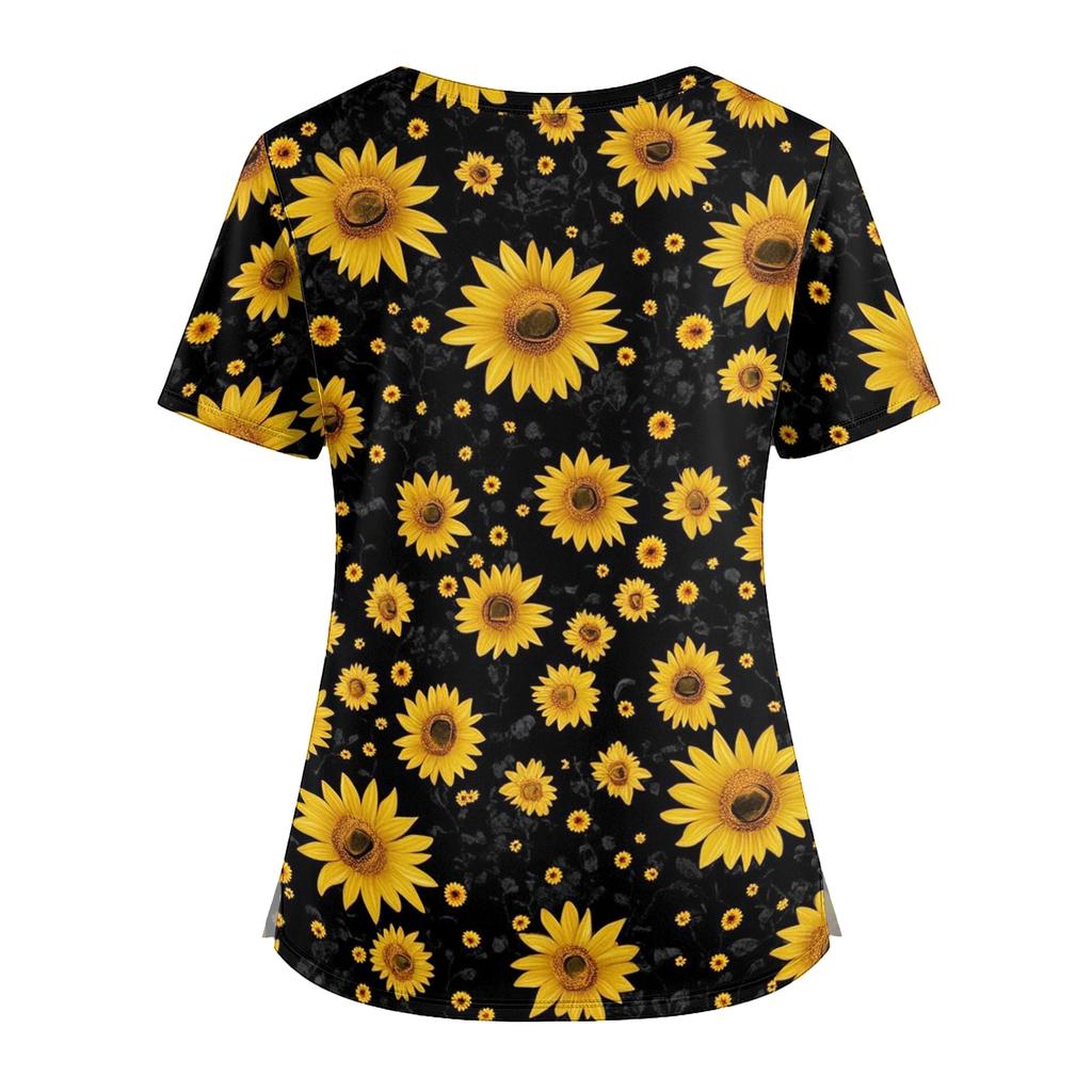 Women Floral Print V Neck Scrub Top with Pockets Side Slits Short Sleeve Medical Uniform Shirt for Healthcare Professionals