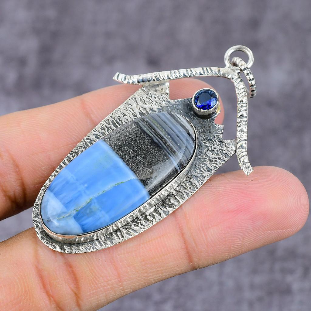 Natural Blue Lace Agate, Topaz Gemstone 925 Sterling Silver Pendant 2.25" i2j77