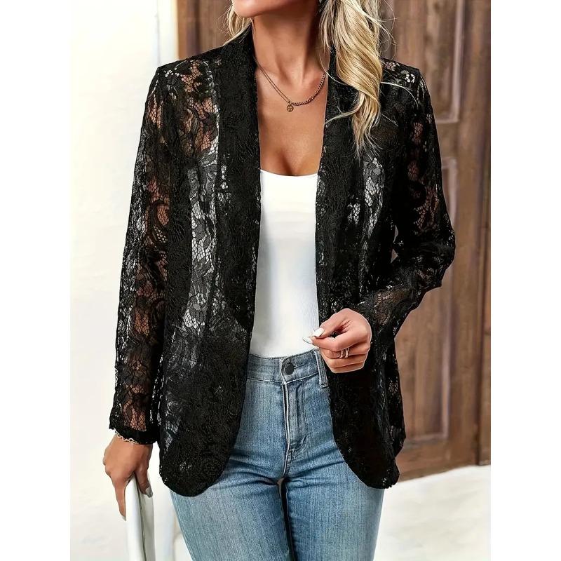 EastRogue Large Floral Patterned Open Top Suit Jacket, Elegant Summer and Spring Long Sleeved Jacket, Women's Plus Size Clothing