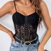 2026 European & American Sexy Slim-Fit Black Lace Button Camisole Bodysuit for Women