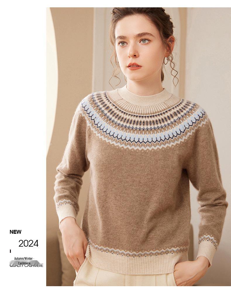 Women's Retro Ethnic Round Neck Cashmere Stripe Long-Sleeve Jacquard Base Layer Shirt
