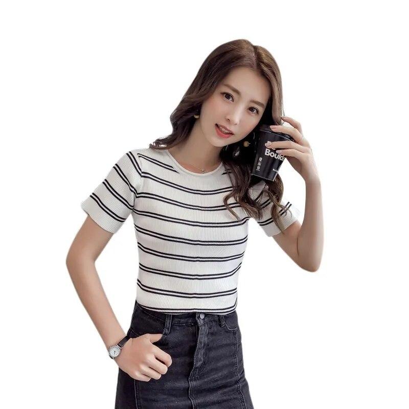 Strikket T-skjorte for kvinner Crop Top Dame Kontraststripet topp rundhals kortermet T-skjorte