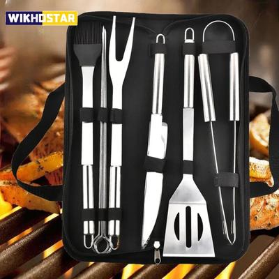 Kit di utensili per barbecue portatile, set per barbecue da esterno, set per barbecue, spatola, clip, spiedino con custodia in tessuto, utensili per grigliate