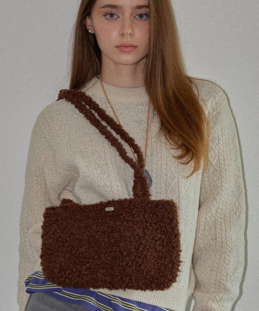 Slowslowly Fluffy Handmade Crochet Sherpa Knit Shoulder Bag _ Brown