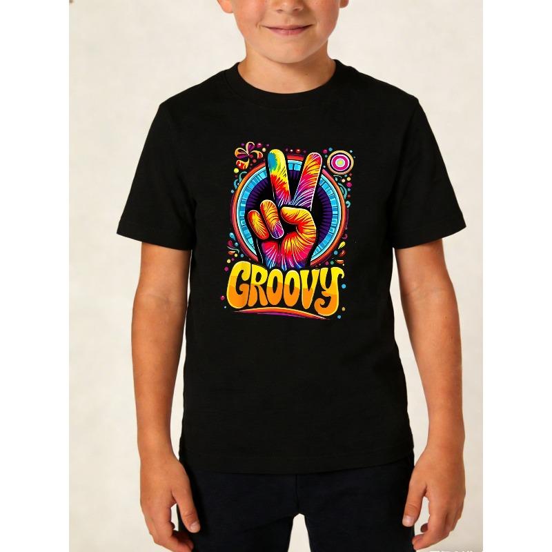 Boys Teens Crewneck T-Shirt, Retro Psychedelic GROOVY Peace Hand Sign Print