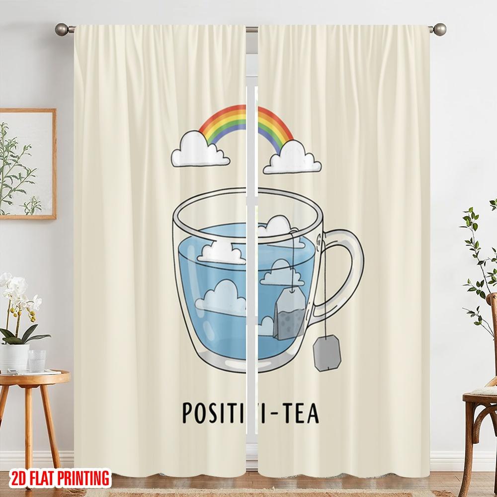 2pcs 2D Flat Printing Window Curtains Positivitea Rainbow Clouds Mug Polyester Without Electricity Festive Holiday Perfect for