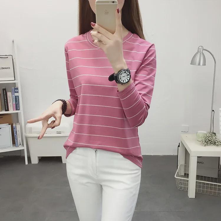Women's Striped Round Neck Long Sleeve T-Shirt Base Bottom Tops