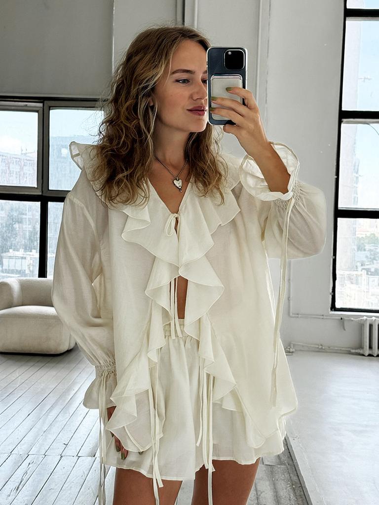 Spring Autumn French Sweet Loose Ruffles Lace Collar Two Piece Set Women's Outfit