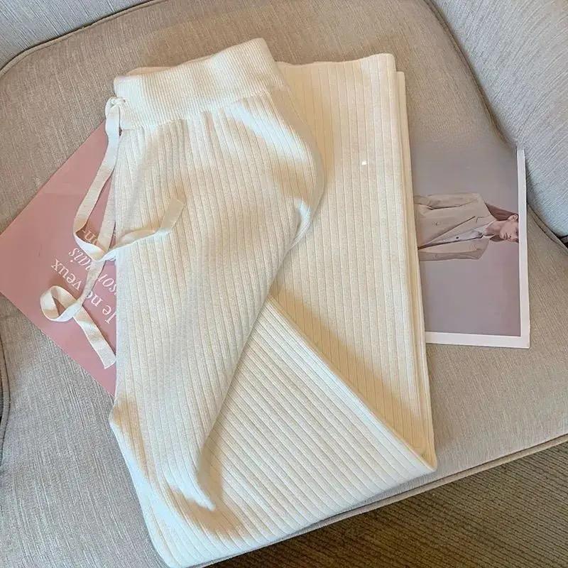 Drape High Waist Wide Leg Pants for Women Autumn Winter Casual Loose Knit Straight Leg Pants Lace-up Women Solid Trousers