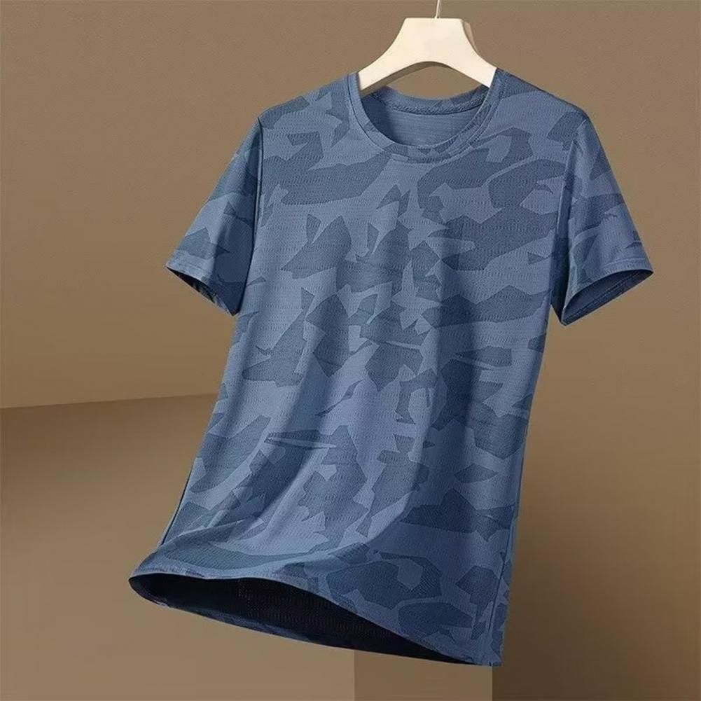 Summer Men T-shirt Round Neck Short Sleeves Thin Quick-drying Loose Camouflage Print Pullover Mid Length Casual Daily Wear Sport