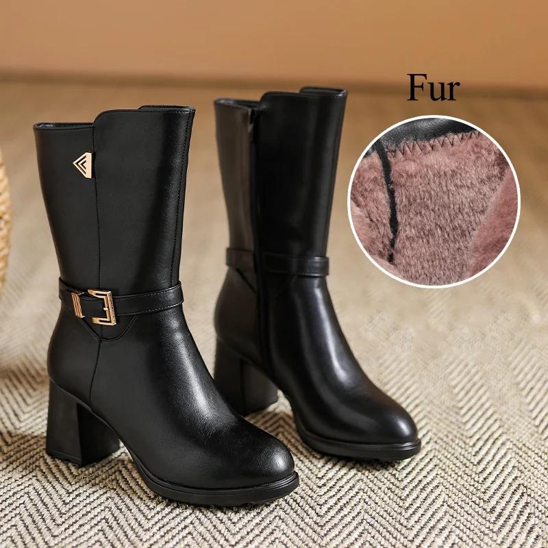 

Модные туфли на блочном каблуке 7 см Женские ботинки Осень Зима 2025 До середины голени Мягкая кожа Теплый мех Мотоциклетные ботинки для офиса Мама 40
