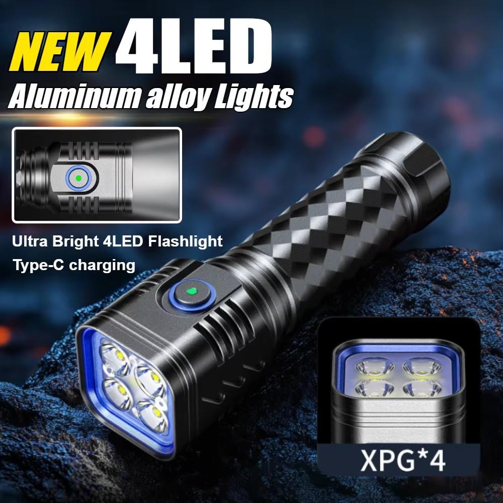 4LED outdoor ultra bright emergency flashlight with 3 lighting modes. Rechargeable aluminum alloy flashlight for work and hiking