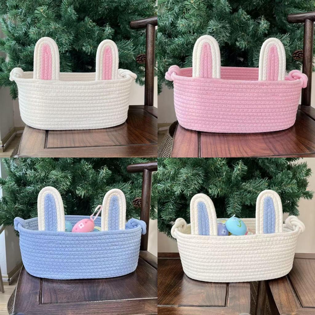 Cotton Rope Basket With Bunny Handle For Diy Easter Craft Storage Organizer For Home Decor