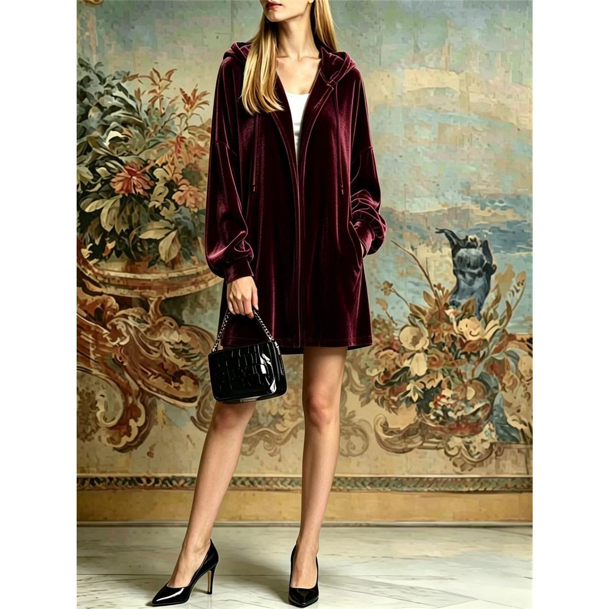 Dames Fluwelen Capuchon Middellange Jas Ritssluiting Oversized Losse Lange Mouw Vest Jas Met Zakken XL bordeaux