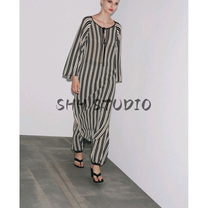 Autumn New Women clothes French style Design High Waist Stripe Linen Blend Trousers Casual Pants 5536007