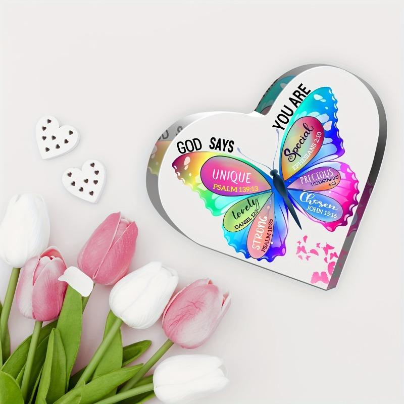 2D Fla Colorful Butterfly Acrylic Heart Decoration Plaque, Inspirational Faith Gift, Suitable for Wall Decoration, Porch, Room, Villa, Accents Home, H