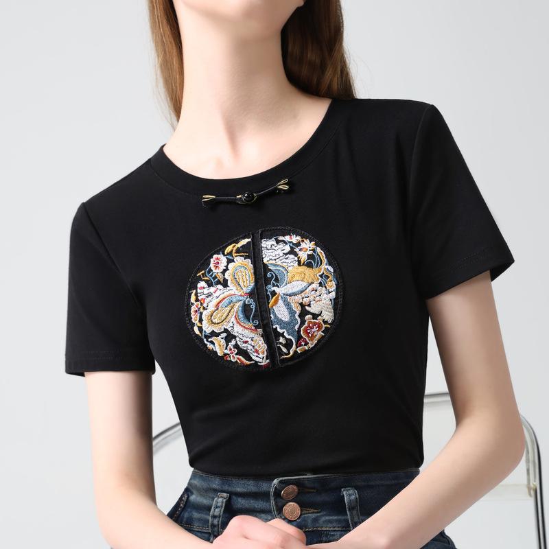 New Chinese Short-sleeved T-shirt for Women's New Round Neck Embroidered Embroidered T-shirt Light Chinese Style Chinese Elements Improved Top