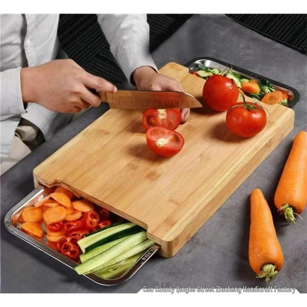 Wooden Pull-out Cutting Board with Stainless Steel Tray for Fruits, Vegetables, and Meat.