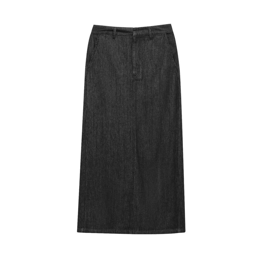

2025 Spring Women s High-Waisted Cotton Denim Midi Skirt M чёрный