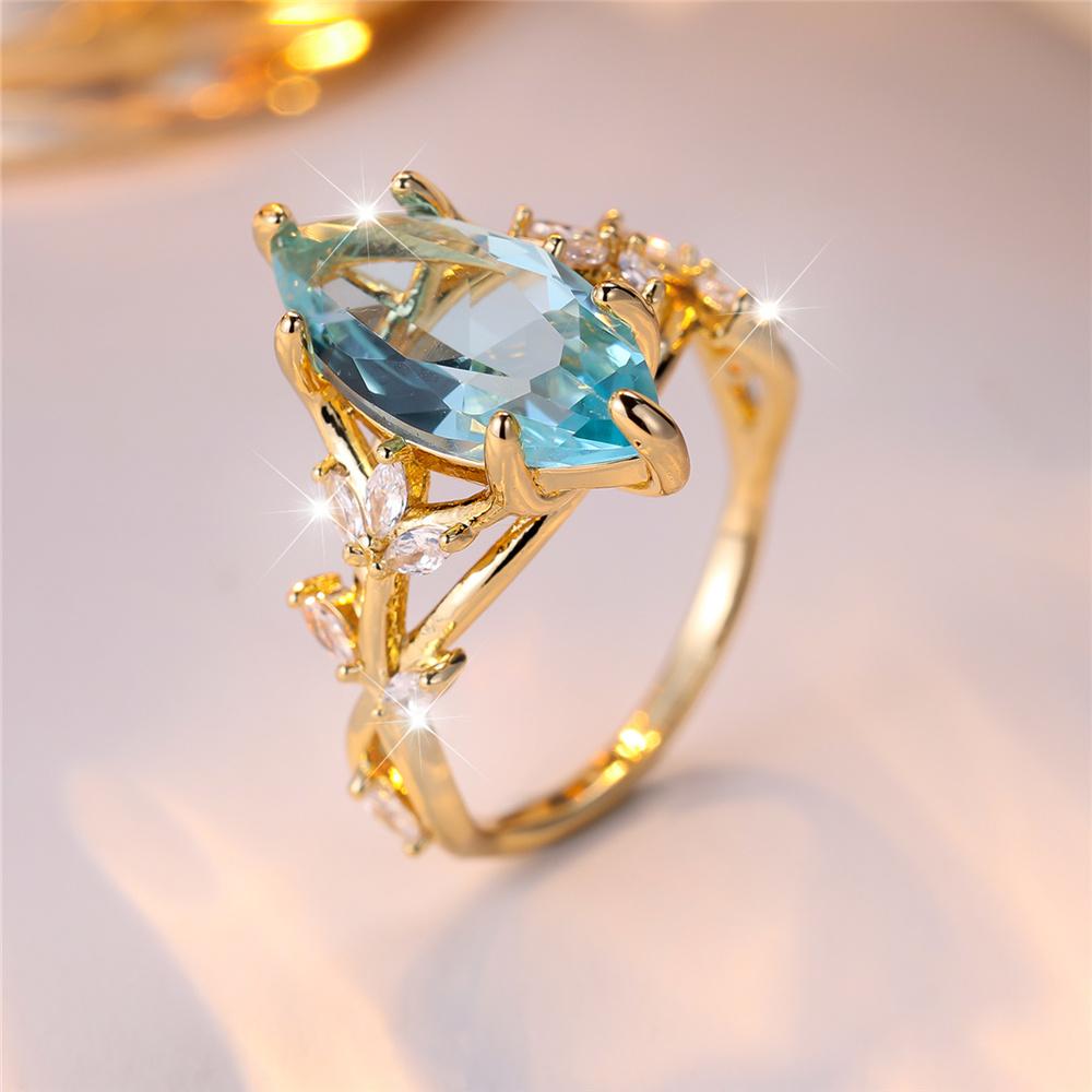 

Роскошное женское кольцо из белого дерева с синим круглым камнем циркона, изящного золотого цвета, свадебное, для женщин 6
