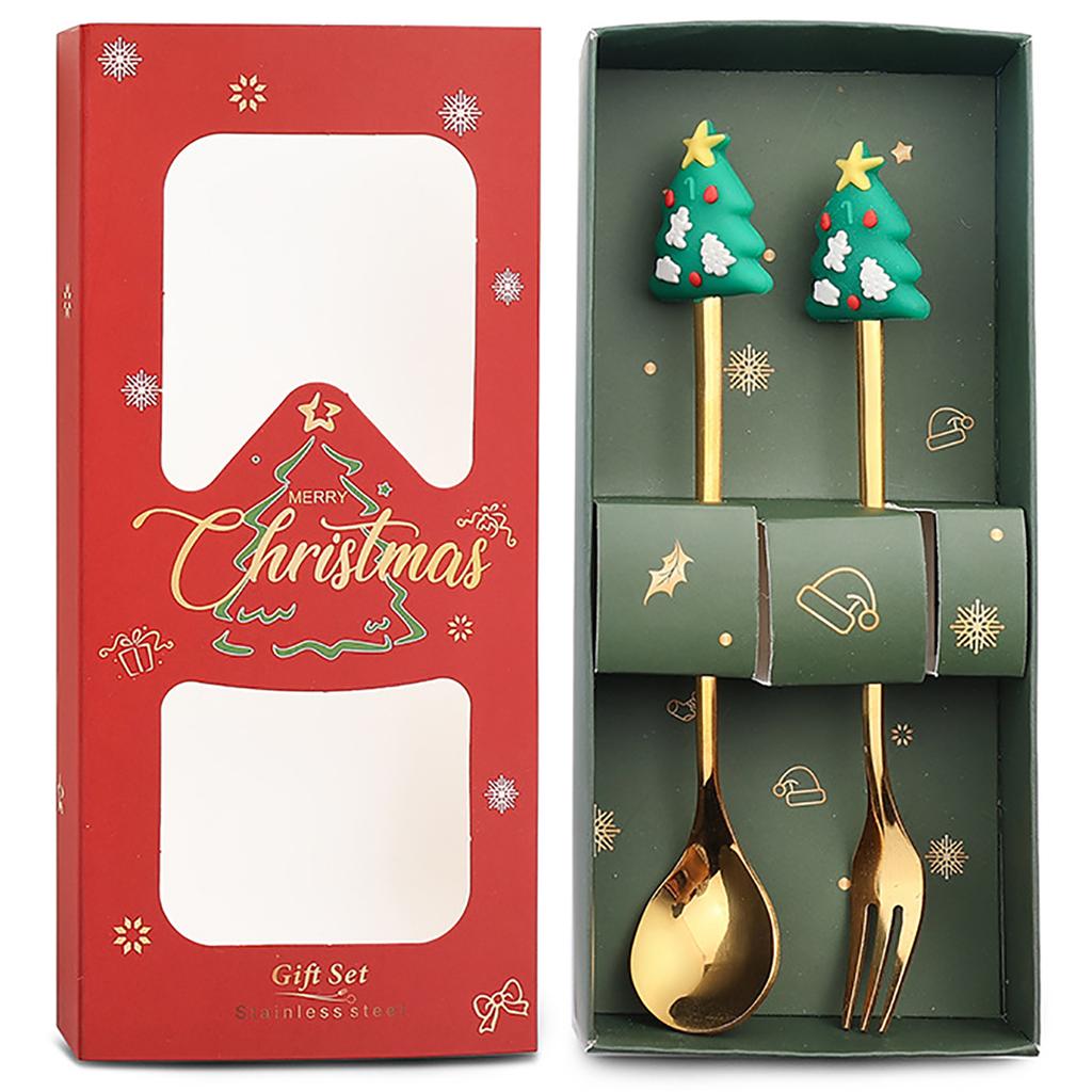 2Pcs Christmas Theme Dinnerware Set with Gift Box Elk Deer Christmas Hat Tree Fork Spoon Cutlery Set Stainless Steel Tableware