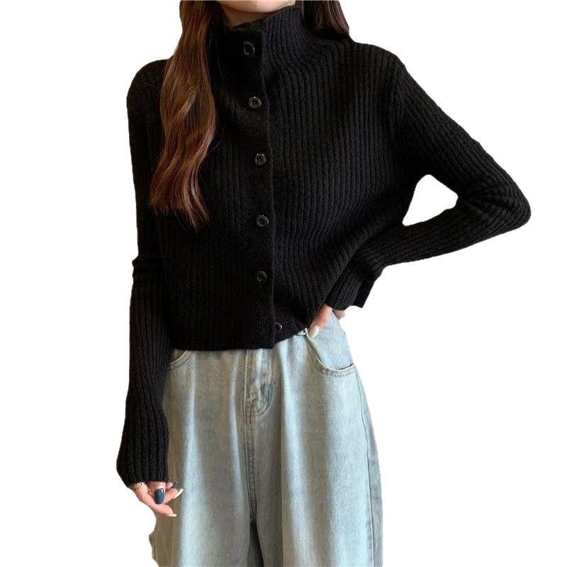 Elegant Stand Collar 100% Wool Knitted Cardigan - Slimming Long Sleeve Sweater Coat for Autumn & Winter