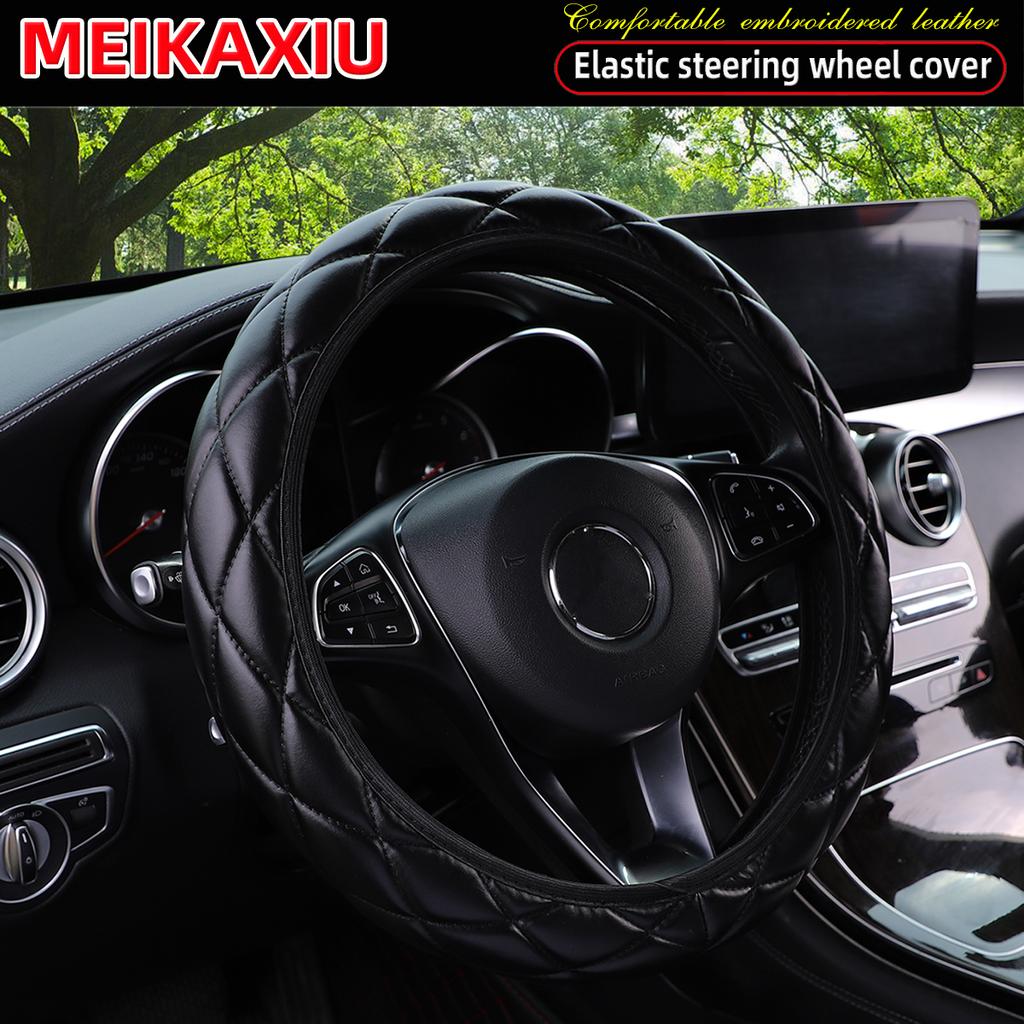 1 artificial comfort fine grained soft PU leather embroidered three-dimensional stretch car steering wheel cover for 14.5-15 in