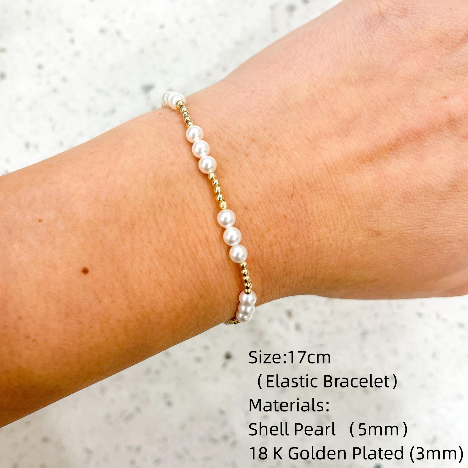 

Vlen 5mm Natural Shell Pearl Bracelet Summer Accessories 18 K Golden Plated Beaded Bracelets for Women Trendy Boho Jewelry
