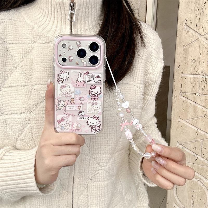 Retro Angel Cat & Rabbit Chain iPhone Case for 17 Pro Max/16 Pro Max/15 Pro - Girly Design
