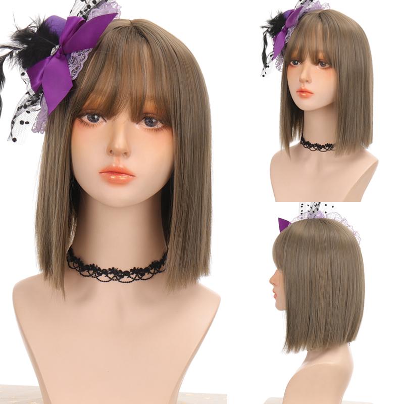 Short Straight Hair Wig Brown BOB Liu Hai Lady Wig High Temperature Resistance