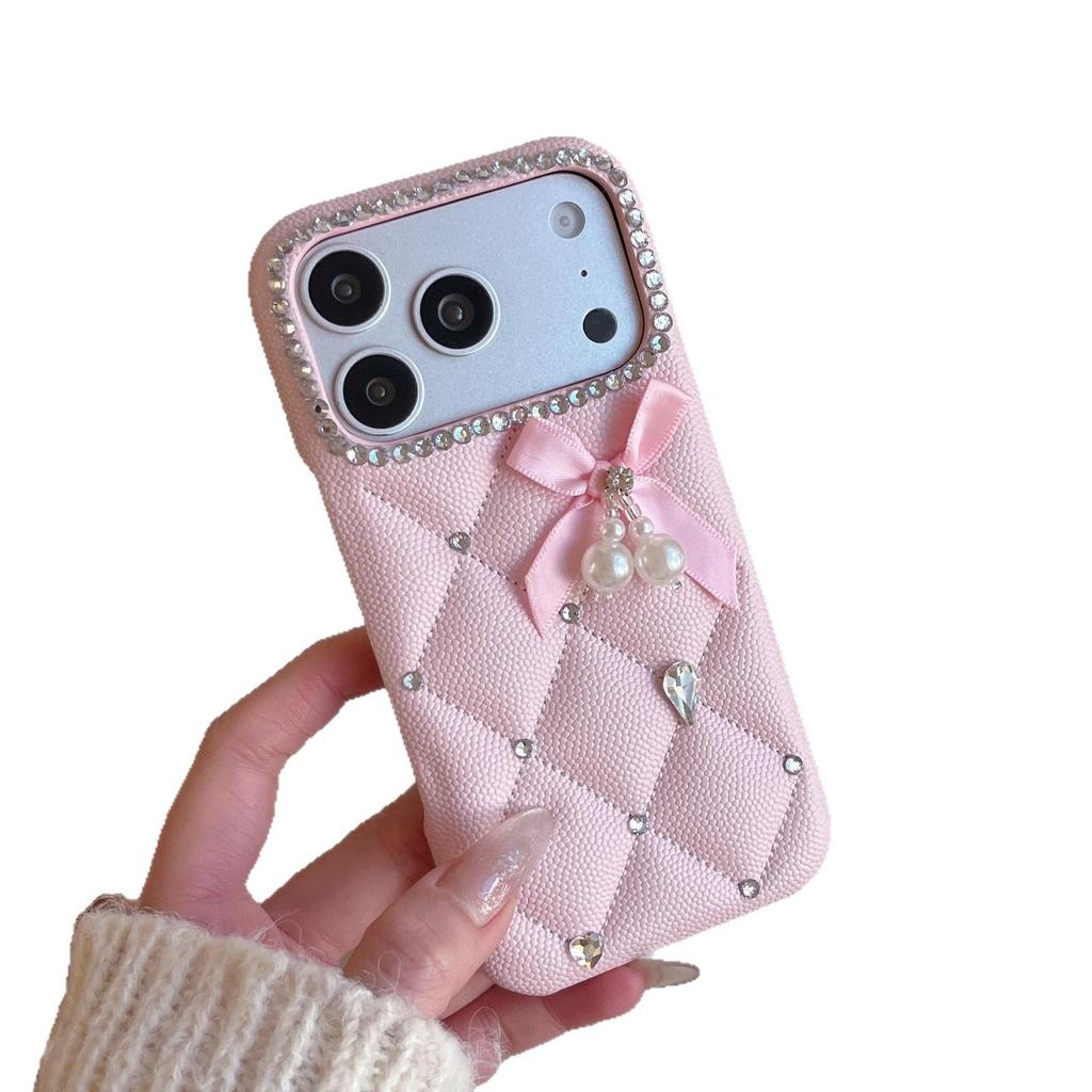 Luxury Quilted iPhone 13/14/15 Pro Max Case with Rhinestone Bow & Pearl