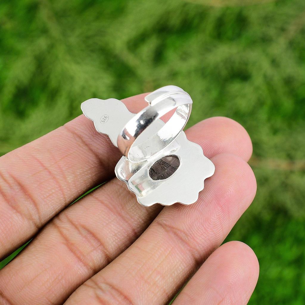Gift For Women Statement Flower Adjustable Ring 925 Silver Natural Black Rutile
