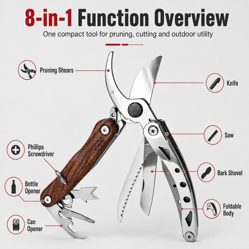 Multi-functional folding garden pruning shears, 8-in-1 stainless steel gardening tool, portable cutter.