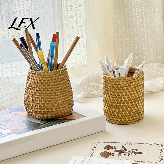 Pen Storage Container Faux Rattan Holder, Woven Style Makeup Brush Boho Pencil Case Desktop Organizer, Multi-functional Resin Cup for Home Office