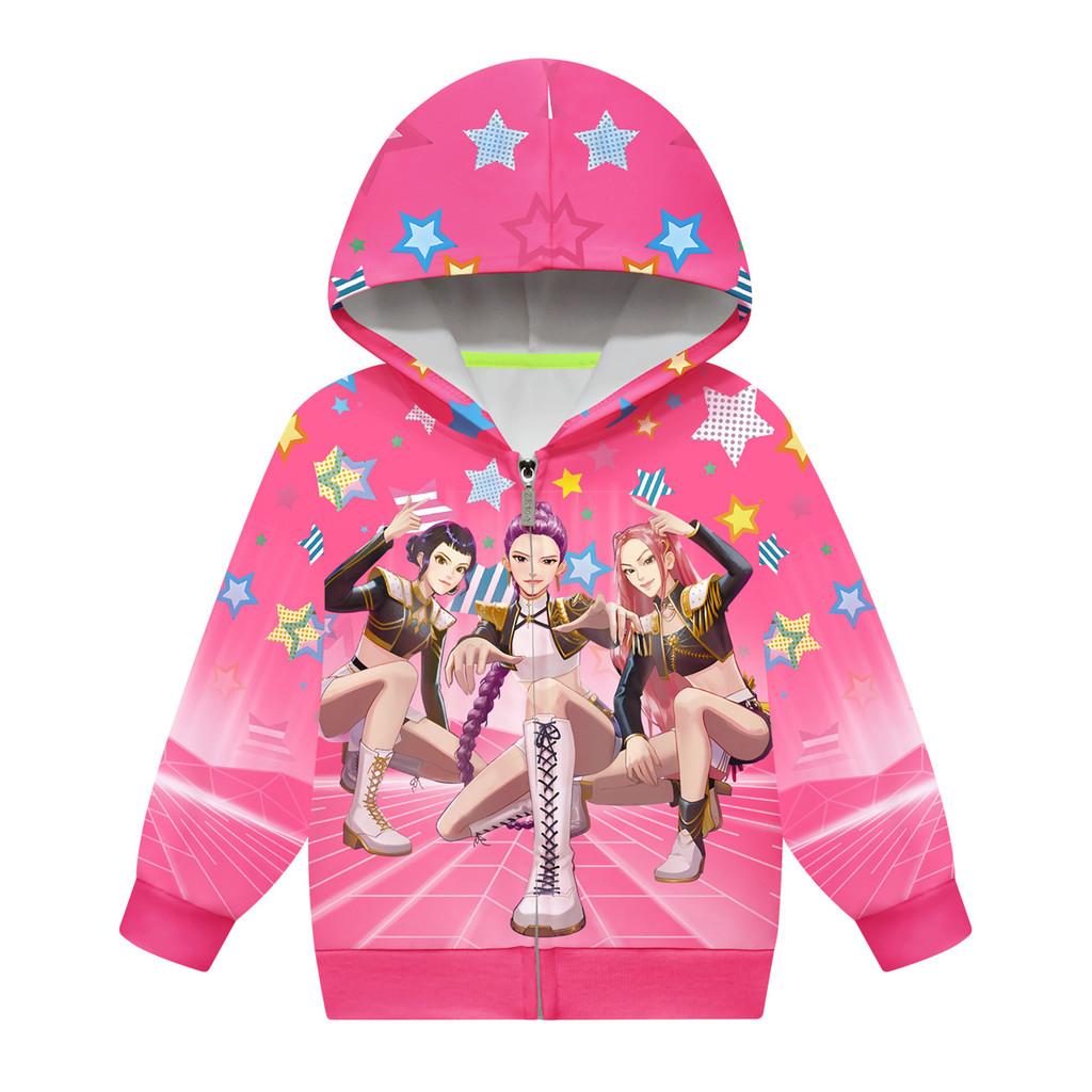 Barn Jenter POP Sanger Rumi Zoey Mira Trykket Casual Hettegenser Glidelås Langermet Jakke Kåpe