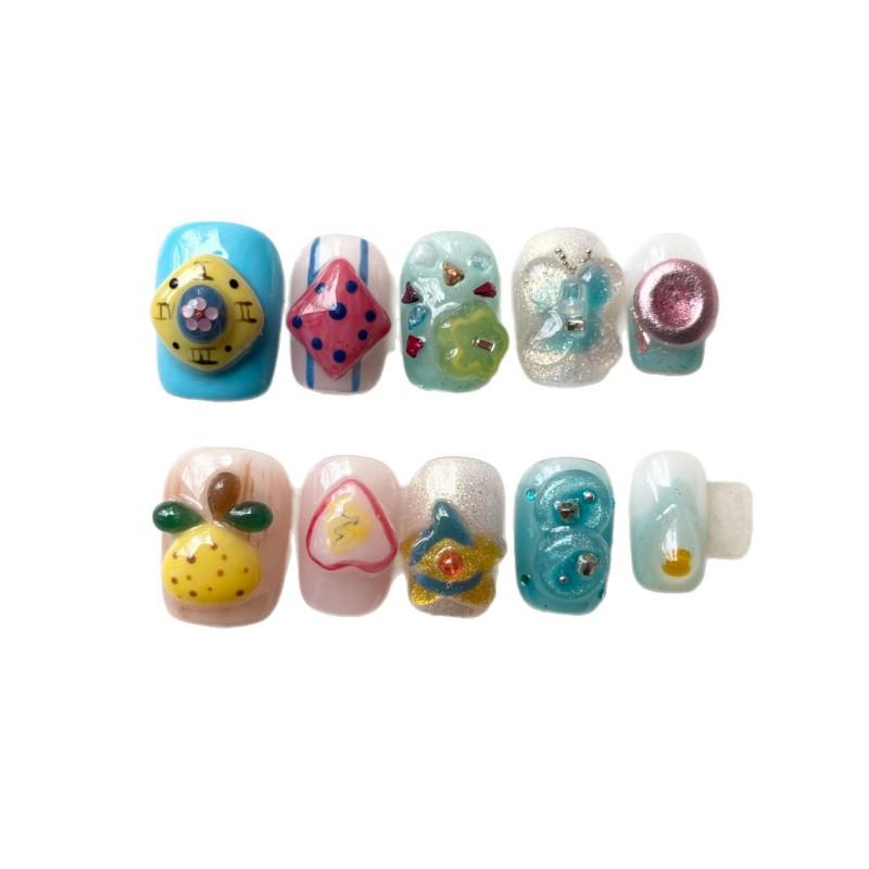 Hand-Painted Press-On Nails Short Square Cat Eye Design Cute Kawaii Style Wearable Nail Tips Women
