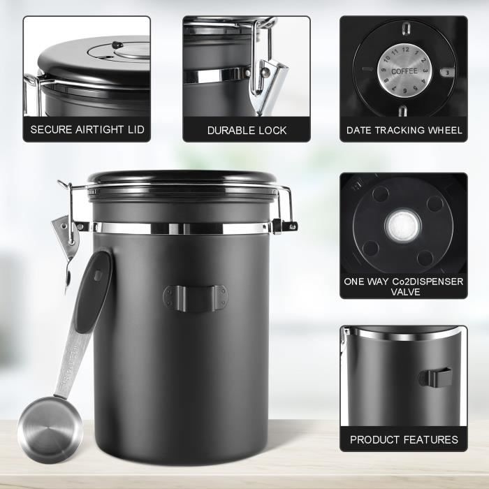 1.8 L Airtight Stainless Steel Coffee Pot - Bean Container, Black