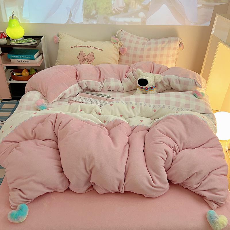 Girl Sweetheart Bow Embroidery Towel Embroidery Printing Thickened Milk Fleece Four-Piece Set