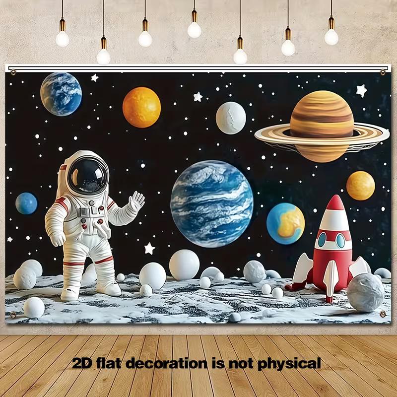 

2D Cartoon Space Party Backdrop Astronaut and Planets Banner for Birthday or Nursery 47.2x31.5inch/120*80cm