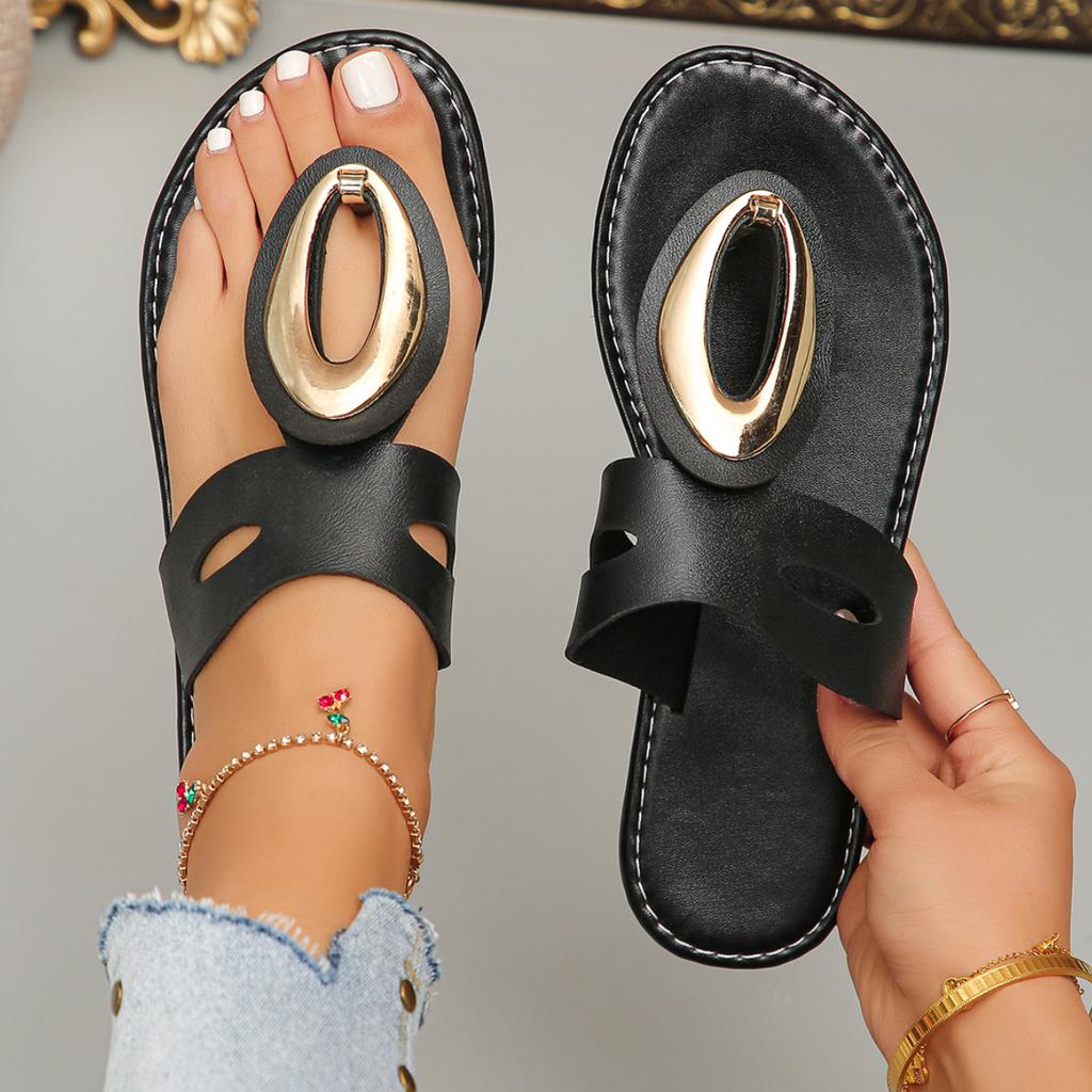 Summer Women Flat Slippers Metal Buckle Flat Flip Flops Beach Shoes Outdoor Casual Slippers Female Fashion Sandals Slides Women