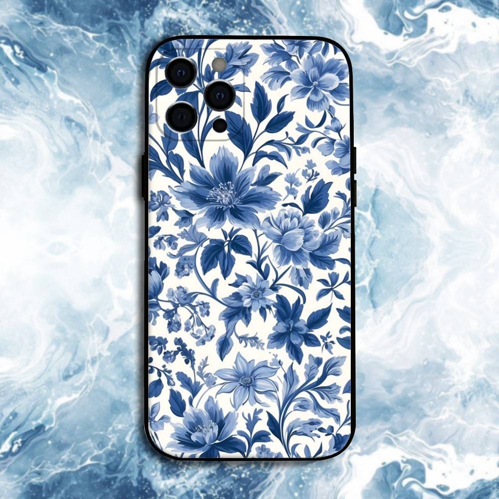 Blue white Porcelain Pattern Phone Case For iPhone17,16,15,14,13,12,11 Plus,Pro Max, Soft Silicone Black Cover
